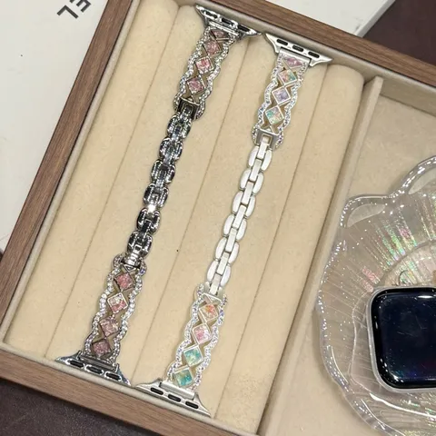 Stainless Steel Wave Block Rhinestone Watch Strap Compatible With Apple Watch Smartwatch Replacement Band