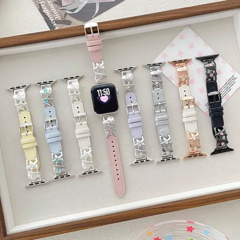 Modische Herz Und Stern Leder Spliced Metall Uhrenarmband Strass Dekoratives Armband Für Smartwatch Ersatz