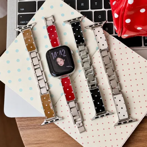 Λουράκι Apple Watch από Δέρμα Πουά με Μεταλλική Αλυσίδα Πολυτελές Ανοξείδωτο Ατσάλι Συμβατό Με iWatch Series Γυναίκες
