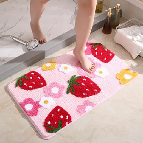 Lindo Estampado Floral de Fresa Alfombrilla Absorbente Antideslizante Suave Alfombra de Poliéster para Baño Sala Dormitorio