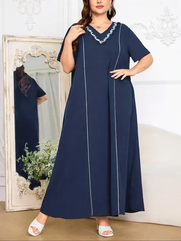 Mujer Talla Grande Elegante Estampado Floral Largo Maxi Vestido Casual Suelto Cuello V Manga Corta Bata Larga Bohemio