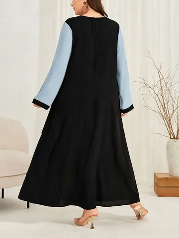 Damen Übergröße Langarm Farbblock Maxi Kleid Lässig Locker Rundhals Elegantes langes Kleid für den Herbst