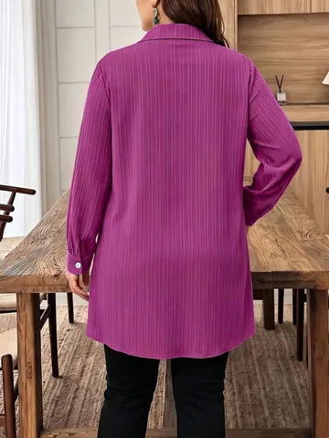 Damen Langarm Hemd Button-Down Casual Loose Fit Vertikal Gestreift Oversize Bluse Plus Size Bekleidung