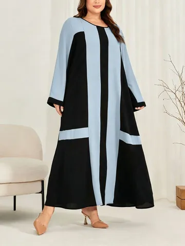 Damen Übergröße Langarm Farbblock Maxi Kleid Lässig Locker Rundhals Elegantes langes Kleid für den Herbst