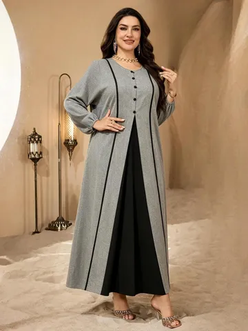 Plus Size Lange Robe Für Damen Herbst Casual Farbblock Rundhlang Langarm Lantern Ärmel Maxi Kleid Lose Passform Elegante Bekleidung