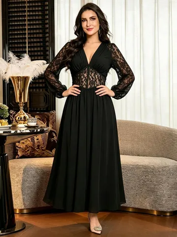 Herbst Damen Übergröße Langarm V-Ausschnitt Spitze Patchwork Langes Kleid Elegantes Einfarbiges Lockeres Casual Maxi Kleid