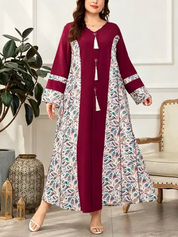 Vestito Maxi Lungo Casual Stampa Geometrica Scollo a V con Nappe Bordeaux Manica Lunga Autunno Taglie Forti da Donna