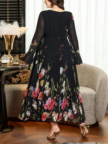 Damen Plus Size Langarm Quadratischer Ausschnitt Blumenprint Kleid Herbst Elegantes Lässiges Langes Kleid