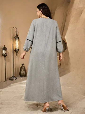 Plus Size Lange Robe Für Damen Herbst Casual Farbblock Rundhlang Langarm Lantern Ärmel Maxi Kleid Lose Passform Elegante Bekleidung