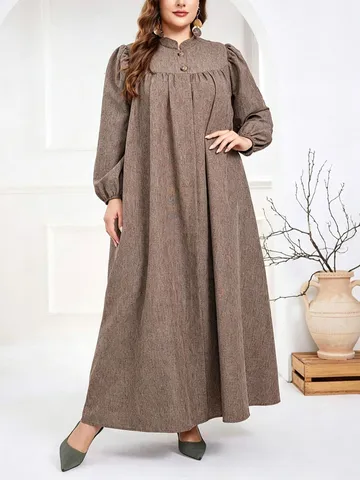 Plus Größe Langarm Stehkragen Knopf Lose Lässige Maxi Kleid Elegante Herbst Einfarbig Lange Kleid Für Damen