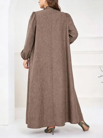 Plus Größe Langarm Stehkragen Knopf Lose Lässige Maxi Kleid Elegante Herbst Einfarbig Lange Kleid Für Damen
