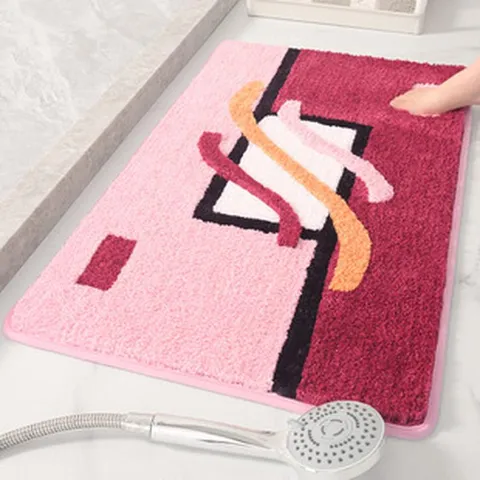 Flocking Bath Mat Non-Slip Absorbent Floor Mat Geometric Color Block Soft Carpet For Bathroom Entrance Living Room
