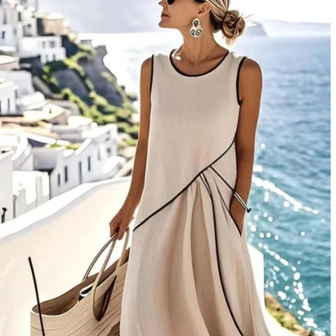 Women Casual Polyester Maxi Dress Round Neck V-Neck Sleeveless Short Sleeve Color Block Splicing Twist Knot High Waist Dress For Summer Beach Vacation