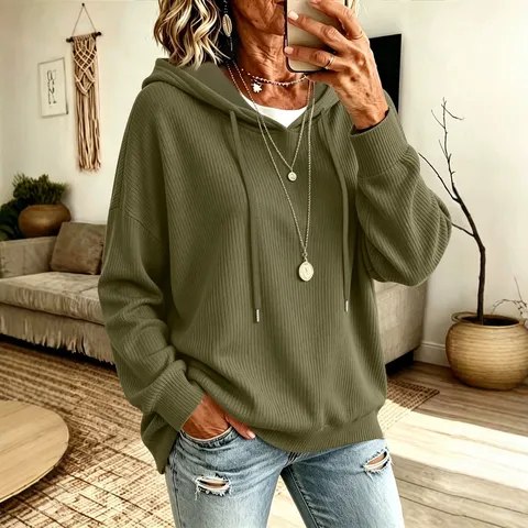 Damen Casual Kordelzug Kapuzen-Strickpullover Einfarbig Polyester Locker Sitzendes Top Hoodie Mit Tasche Für Den Alltag