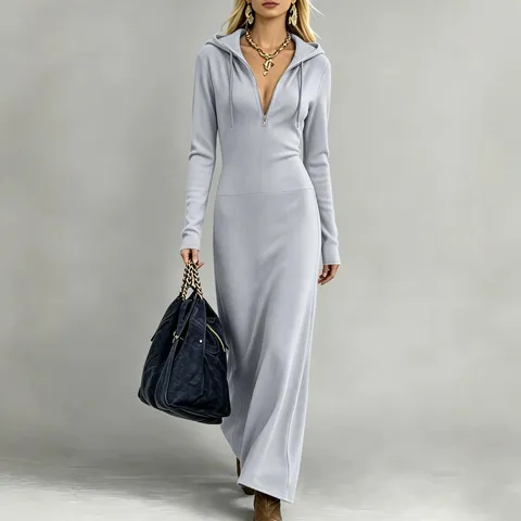 Damen Slim Fit Rippstrick Maxikleid Mit Kapuze Lässig Langarm Halb Reißverschluss Bodenlang Sweatshirt Kleid Für Damen Einfarbig