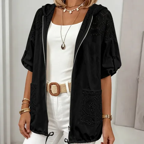 Women Lace Patchwork Hooded Short Sleeve Jacket Hollow Out Crochet Zipper Cardigan Sun Protection Top Casual Lightweight Outerwear