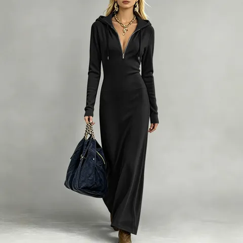 Damen Slim Fit Rippstrick Maxikleid Mit Kapuze Lässig Langarm Halb Reißverschluss Bodenlang Sweatshirt Kleid Für Damen Einfarbig