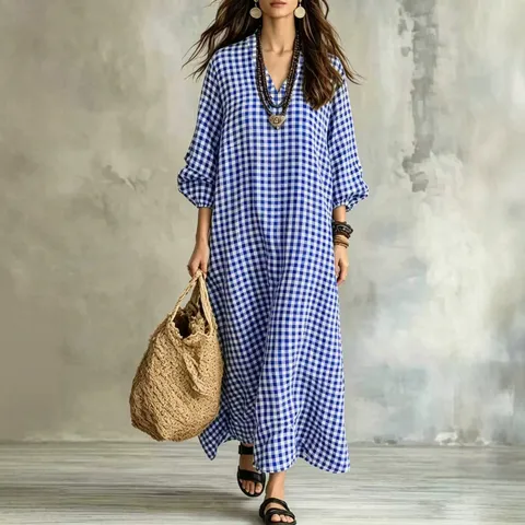 Women's V-Neck Plaid Maxi Dress Loose Three-Quarter Lantern Sleeve Casual Color Block Checkered Long Dress For Vacation Daily Wear