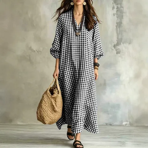 Women's V-Neck Plaid Maxi Dress Loose Three-Quarter Lantern Sleeve Casual Color Block Checkered Long Dress For Vacation Daily Wear