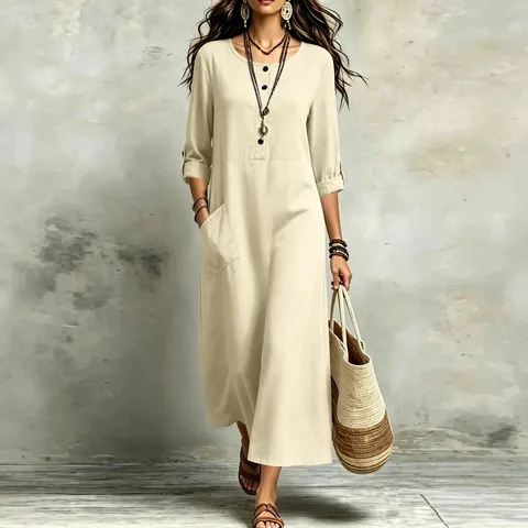Damen Vintage Boho Maxikleid Lose Lässig Polyester Aufrollbare Ärmel Lang Kleid Mit Großen Taschen Knopf Rundhalsausschnitt Kleid