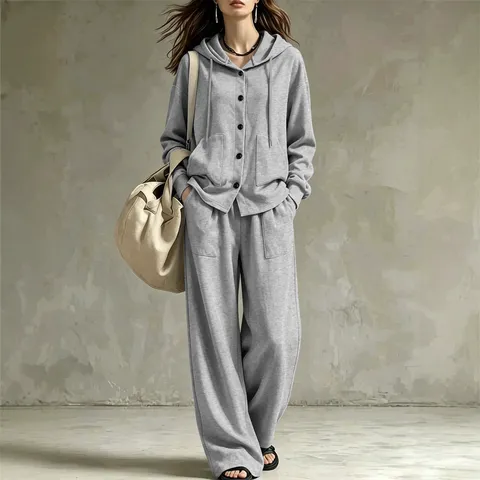 Damen Casual Mit Kapuze Cardigan Und Weite Bein Hose Set Langarm Einfarbig Reißverschluss Hoodie Sweatshirt Zweiteiliges Outfit Polyester-Mischgewebe