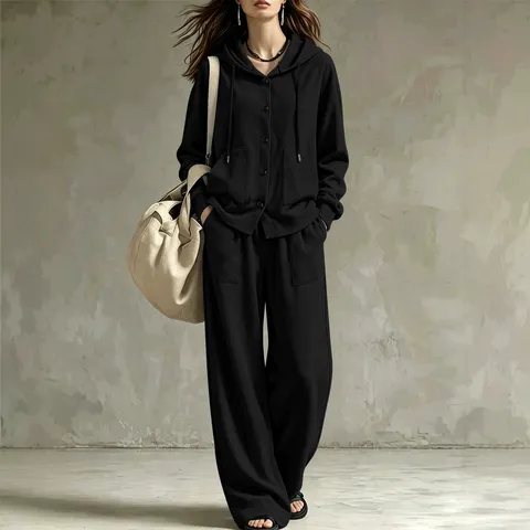 Damen Casual Mit Kapuze Cardigan Und Weite Bein Hose Set Langarm Einfarbig Reißverschluss Hoodie Sweatshirt Zweiteiliges Outfit Polyester-Mischgewebe
