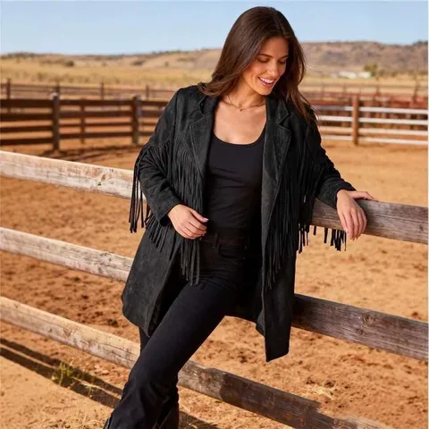Vintage Women's Long Sleeve Tassel Fringe Open Front Jacket Faux Suede Solid Color Casual Outerwear Top For Autumn