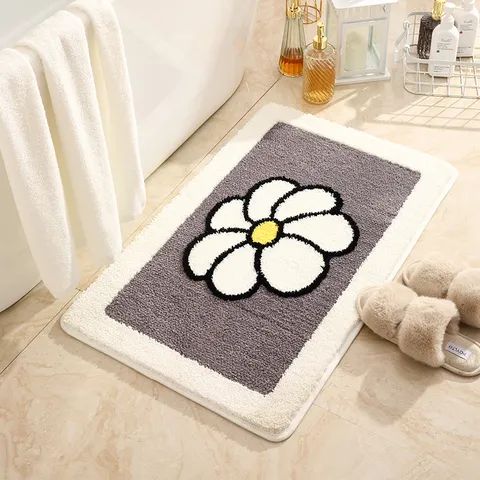 Modern Minimalist Daisy Floral Non-Slip Door Mat Absorbent Polyester Floor Mat For Bedroom Bathroom Kitchen Home Decor