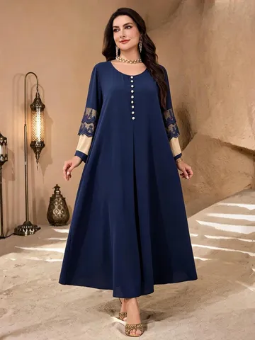 Damen Plus Size Langarm Rundhals Knopfleiste Maxi Kleid Elegantes Spitzen Patchwork Einfarbig Casual Bankett Robe