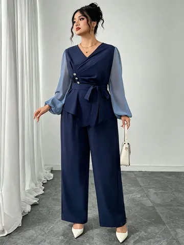 Gynaikeio Casual Fthinoporo Laimokopi V Makry Maniki Chiffon Splice Top Kai Pantaloni Plati Mple Navy