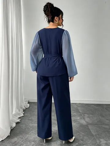 Gynaikeio Casual Fthinoporo Laimokopi V Makry Maniki Chiffon Splice Top Kai Pantaloni Plati Mple Navy