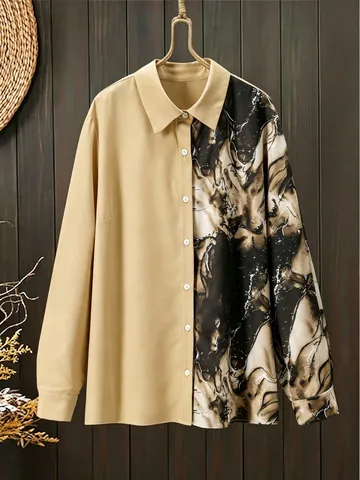Große Größen Damen Casual Locker Elegant Polyester Langarm Blumenmuster Bluse Mode Bequeme Tops