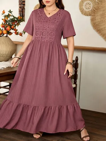Damen Übergröße Casual V-Ausschnitt Kurzarm Spitze Spleißen Rüschen Saum Maxi Kleid Elegantes Pendler Lang Kleid