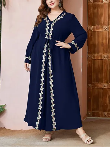 Plus Size Long Sleeve Dress Elegant Floral Print Loose Casual Maxi Dresses Women Commuter Woven Long Robe