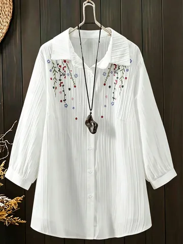 Große Größen Damen Casual Locker Elegant Polyester Langarm Blumenmuster Bluse Mode Bequeme Tops