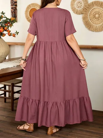 Damen Übergröße Casual V-Ausschnitt Kurzarm Spitze Spleißen Rüschen Saum Maxi Kleid Elegantes Pendler Lang Kleid