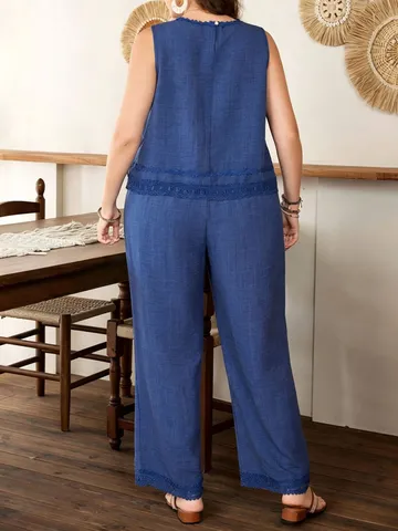 Damen Casual Plus Size Set Ärmellos Top Und Weite Beinhose Einifarbig Spitzenbesatz Elegantes Sommer Outfit