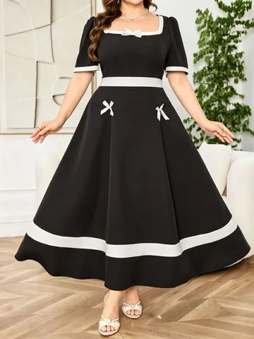 Damen Übergröße Elegantes Langarm Bedrucktes Maxi Kleid Casual Vintage Lange Robe