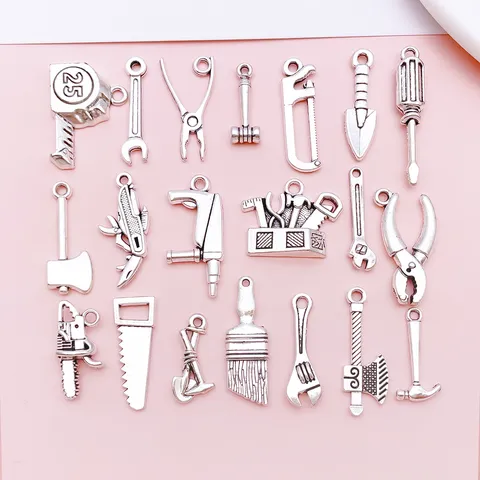 Vintage Zinc Alloy Hardware Tool Charms Antique Silver Pendants Mini Wrench Hammer Saw Accessories For Jewelry Making DIY Keychains Bracelets Necklaces