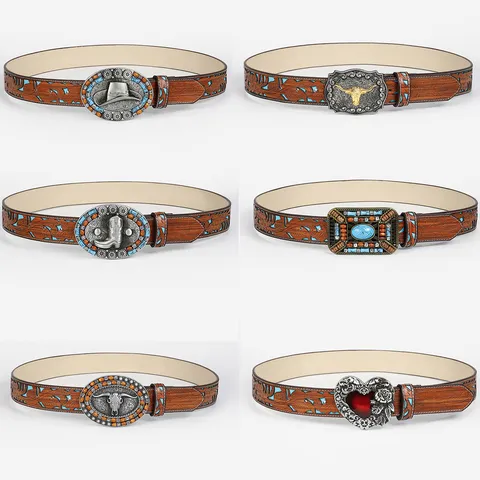 Women Retro Bohemian Embossed PU Leather Belt Western Cowboy Zinc Alloy Buckle Heart Bull Head Ethnic Waistband For Casual Wear