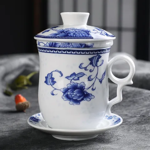 Dehua Ceramic Office Four Piece Tea Mug Set With Lid Infuser And Saucer Filter Home Tea Cup Gift Box