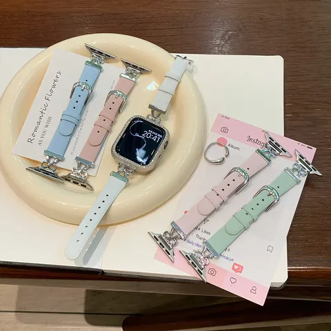 Cute Bow Rhinestone Leather Watch Band For Smartwatch Women Fashion Replacement Strap Metal Connector