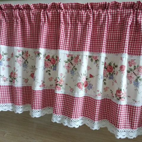 Pastoral Style Plaid Rose Floral Print Short Curtain Door Curtain Cabinet Curtain Lace Trim Home Decor