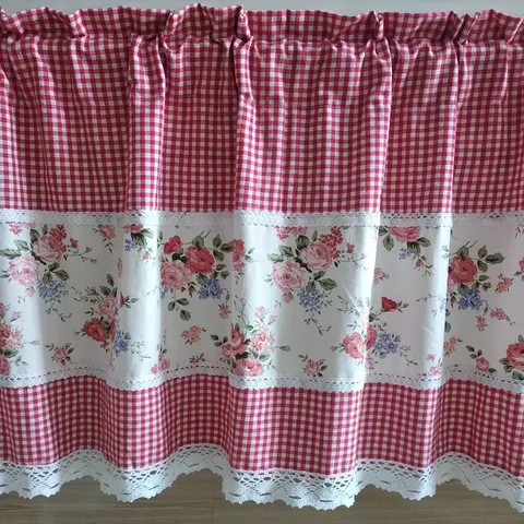 Pastoral Style Plaid Rose Floral Print Short Curtain Door Curtain Cabinet Curtain Lace Trim Home Decor