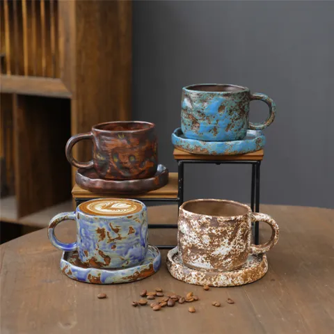 Retro Ceramic Coffee Mug and Saucer Set Japanese Style Handcrafted Glaze Tea Cup with Saucer Kitchen Drinkware Gift