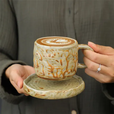 Retro Ceramic Coffee Mug and Saucer Set Japanese Style Handcrafted Glaze Tea Cup with Saucer Kitchen Drinkware Gift