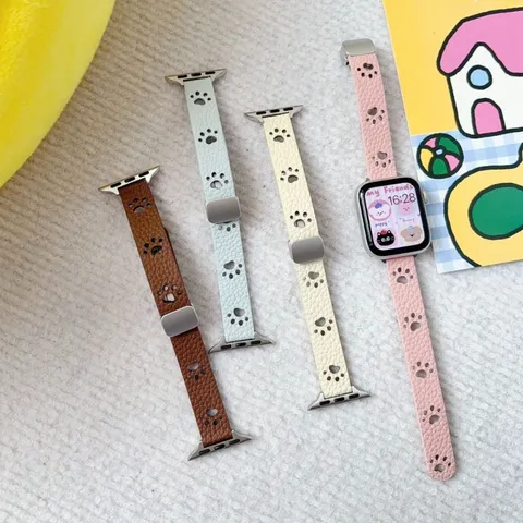 Leather Watch Band Compatible With Smart Watch Cute Cat Paw Cutout Folding Clasp Replacement Strap For Daily Wear