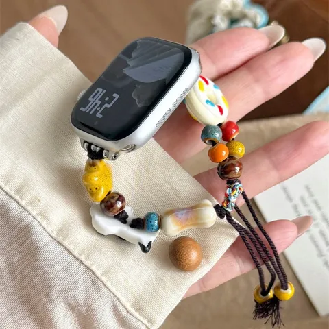 Handmade Ceramic Beaded Braided Watch Band Compatible With Smartwatch Cute Cartoon Pendant Replacement Wristband Gift