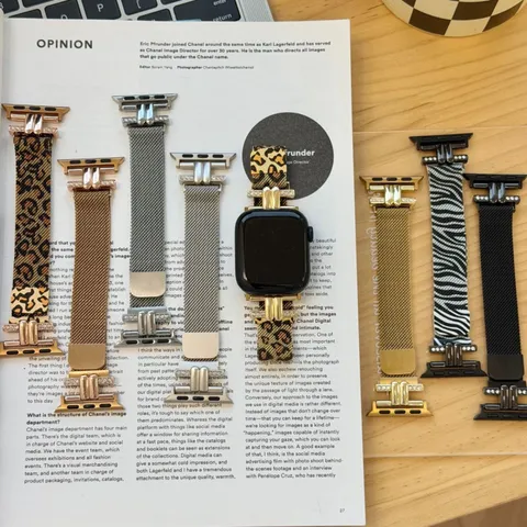 Leopardenmuster Doppelrohr Milanese Uhrenarmband Strass Metall Armband Magnetverschluss Für Apple Smartwatch
