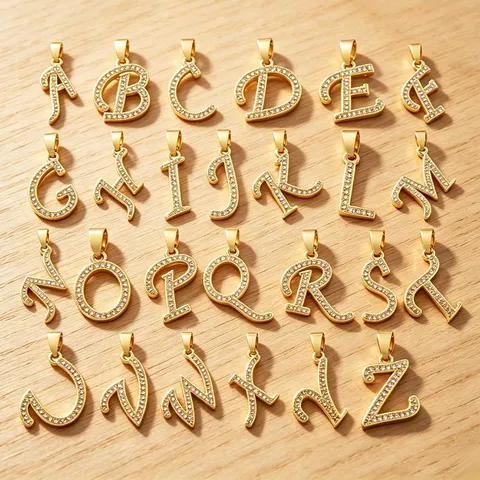 Collar de Pendiente de Inicial de Hip Hop de Cobre Chapado en Oro Letra de Escritura Cursiva Incrustada de Circonia Accesorios de Joyería DIY Unisex